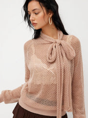 Knit High Neck Hollow Out Knotted Long Sleeve Top