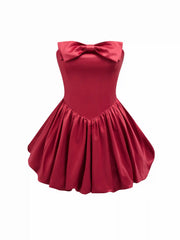 Satin Bowknot Lace Up Bubble Hem Mini Dress