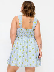 Striped Fruit Graphic Square Neck Knotted Ruffled Flared Mini Dress Curve & Plus