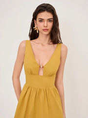 Linen-blend V-neck Beaded Cut Out Ruffle Maxi Dress