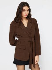 Corduroy Collar Long Sleeve Blazer With Belt