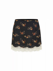 Mid Rise Floral Lace Trim A-line Mini Skirt