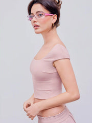 U-neckline Solid Active Short Sleeve Top With Removable Padding