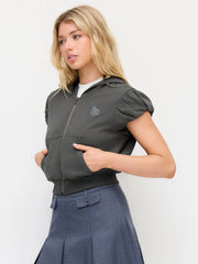 Terry Snail Embroidery Puff Sleeve Zip Through Crop Hoodie