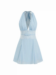 Chiffon Halter Neckline Backless Lace Panel Bowknot A-line Mini Dress