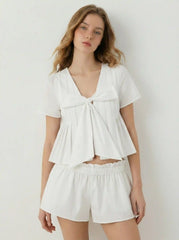 Cotton V-neck Bowknot Puff Sleeve Crop Blouse