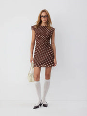 Mesh Polka Dot Short Sleeve Ruched A-line Mini Dress