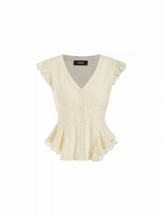 Lace V-Neck Ruffle Hem Blouse