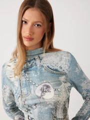 Mesh Graphic Turtleneck Top