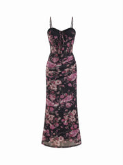 Mesh Sweetheart Neck Floral Ruched High Rise Maxi Dress