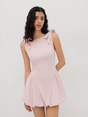 Sculptural Boat Neck Bowknot Bubble Hem Mini Dress