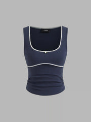 Cotton-blend U-neckline Contrasting Binding Ruched Tank Top