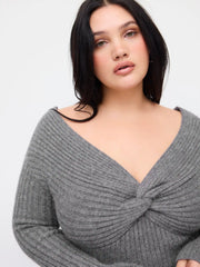 Knit V-neck Long Sleeve Twist Top Curve & Plus
