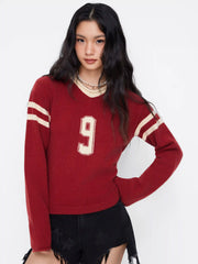 9 Knit V-neck Long Sleeve Contrasting Binding Top