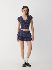 Cotton-blend Floral V-Neck Top & Low Rise Tiered Mini Skirt Set