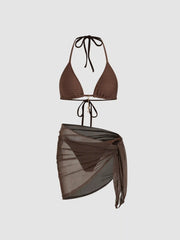 Rib Fabric Halter Neckline Knotted Tie Side Bikini Set With Sarong