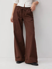 Washed Denim Low Rise Drawstring Wide Leg Jeans