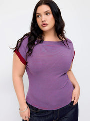 Boat Neck Stripe Contrasting Binding Short Sleeve Tee Curve & Plus