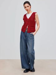Knit V-neck Solid Metal Button Pocket Crop Vest