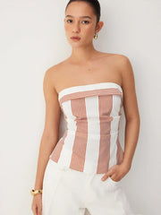 Linen-blend Strapless Geometric Stripe Ruched Top