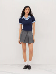 Cotton Collar Stripe Two Tone Short Sleeve Top
