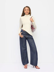 Textured Stand Collar Lettuce Trim Asymmetrical Hem Tee