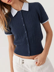 Cable Knit Contrast Stripe Polo Neck Button Through Short Sleeve Cardigan