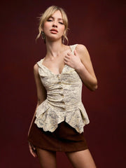 Lace Sweetheart Pleated Twisted Top