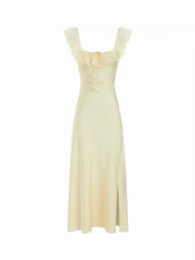 Satin Square Neck Lace Ruffled Split Slip Maxi Dress