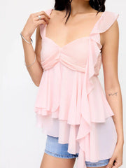 Chiffon Sweetheart Ruffled Layered Asymmetrical Hem Top