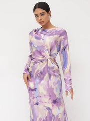 Satin Round Neckline Illusion Print Twist Maxi Dress