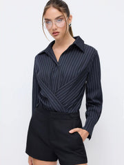 Striped Collar Long Sleeve Wrap Shirt Bodysuit