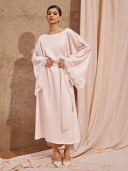 Satin Boat Neck Bell Sleeve Lace Panel Flared Maxi Dress