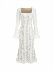 Floral Lace Square Neck Bell Sleeve Mermaid Maxi Dress