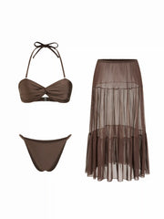 Halter Neckline Twist Bracelet Bikini Set With Cover Up Skirt
