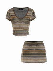 High Stretch Striped V-Neck Crop Top & Low Rise Mini Pencil Skirt Set