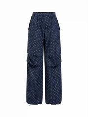Mid Rise Polka Dot Elastic Waist Drawstring Straight Leg Trousers