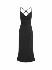 Cowl Neck Ruched Tie Back Split Mermaid Maxi Dress