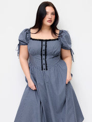 Cotton Plaid Square Neck Knotted Lace Trim Puff Sleeve Midi Dress Curve & Plus