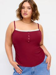 Lace Panel Ruched Henley Cami Top Curve & Plus