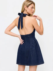 Washed Denim Twist Knotted Halter Neck A-line Mini Dress