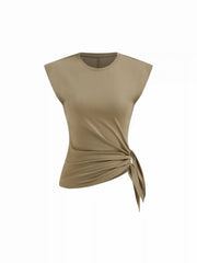 Cotton-blend Round Neckline Tie Side Ruched Top