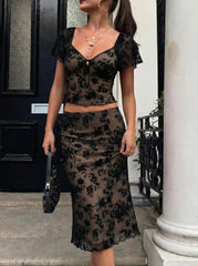 Mesh Sweetheart Floral Lace Ruffled Top & Lettuce Trim Mermaid Maxi Skirt Set