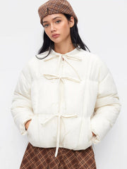 Stand Collar Bowknot Zip Through Oversized Cropped Puffer