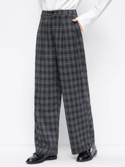 Mid Rise Plaid Pleated Wide Leg Trousers