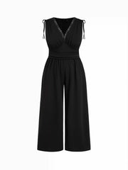 V-neck Lace Trim Ruched Bowknot Mid Rise Wide Leg Jumpsuit Curve & Plus