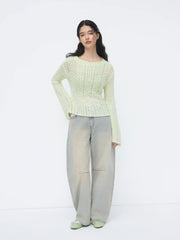 Knit Crochet Boat Neck Long Sleeve Oversized Top
