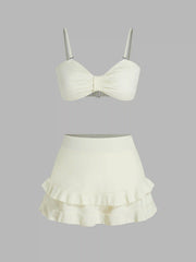 Shaping Solid Ruffle Hem Bikini Set