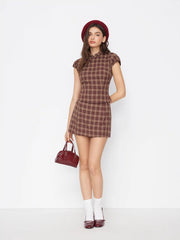 Mandarin Collar Plaid Top & Mid Rise Zipper Mini Skort Set