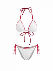 Rib Halter Neckline Contrasting Binding Triangle Bikini Set & Floral Cover Up Skirt